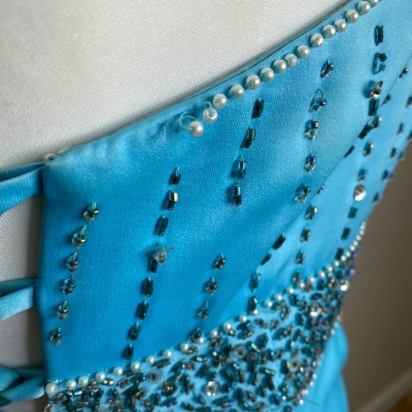 Vintage Y2K Cache Satin Beaded Strapless Long Blue Lace Up Back Dress Size 5/6 - Picture 4 of 12